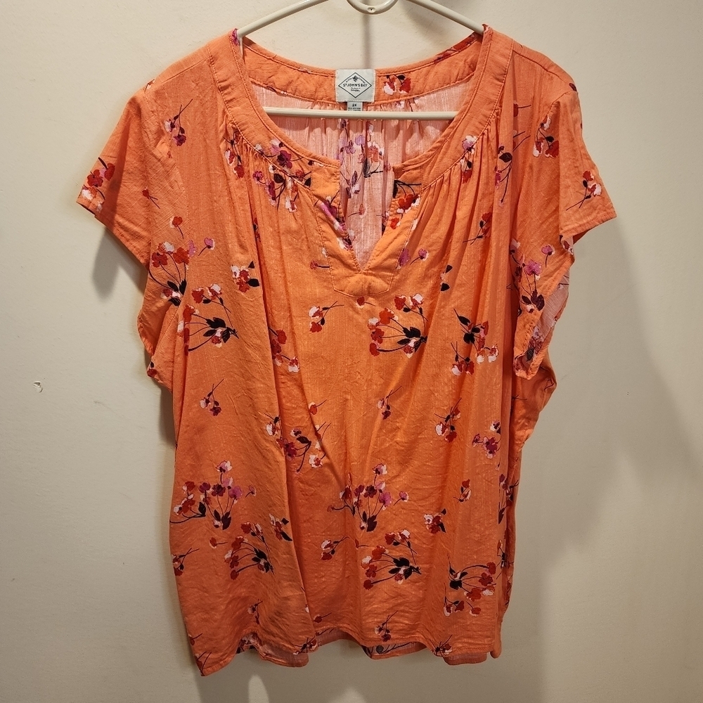St. JOHN'S BAY Orange Casual Floral Cotton blend short Sleeves plus size…
